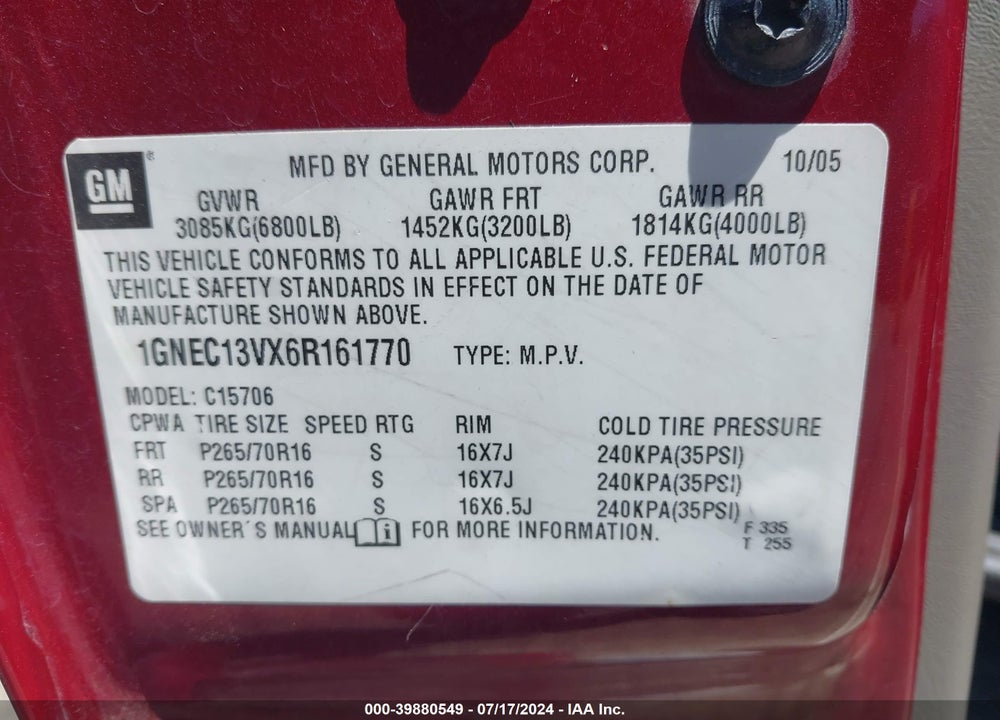 2006 CHEVROLET TAHOE LS VIN: 1GNEC13VX6R161770