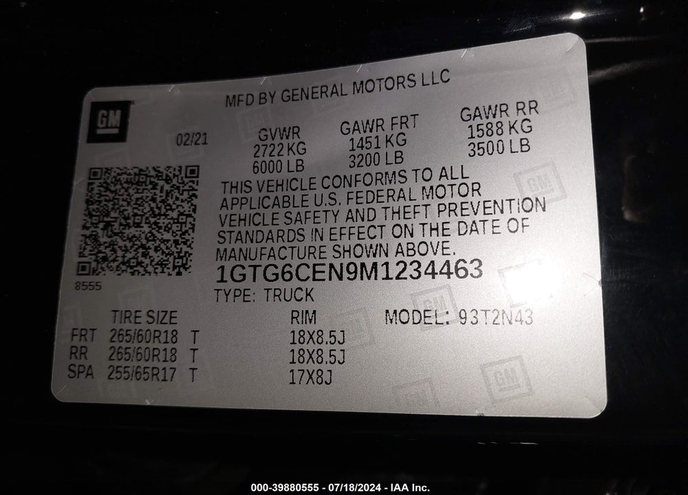 2021 GMC CANYON 4WD SHORT BOX ELEVATION VIN: 1GTG6CEN9M1234463