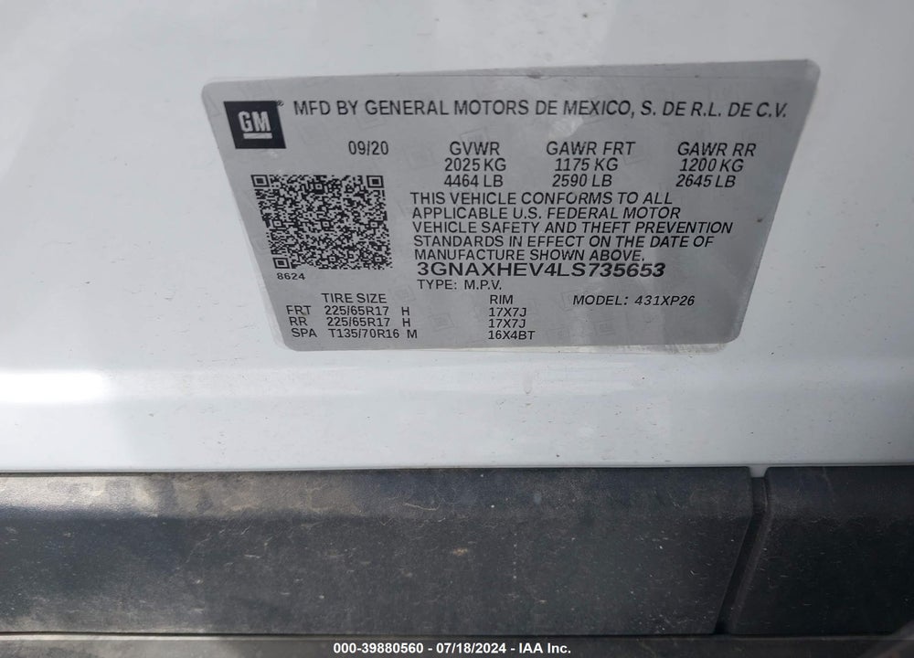 2020 CHEVROLET EQUINOX FWD LS VIN: 3GNAXHEV4LS735653