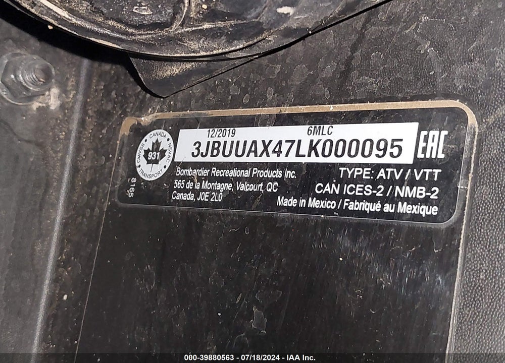 2020 CAN-AM DEFENDER MAX LIMITED CAB HD10 VIN: 3JBUUAX47LK000095
