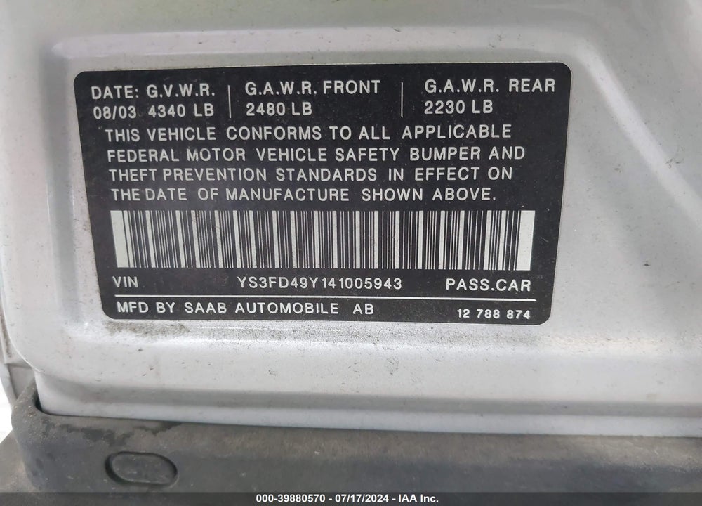 2004 SAAB 9-3 ARC VIN: YS3FD49Y141005943