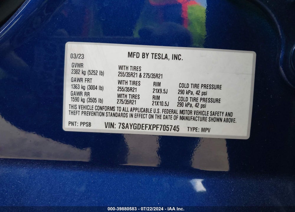 2023 TESLA MODEL Y AWD/PERFORMANCE DUAL MOTOR ALL-WHEEL DRIVE VIN: 7SAYGDEFXPF705745