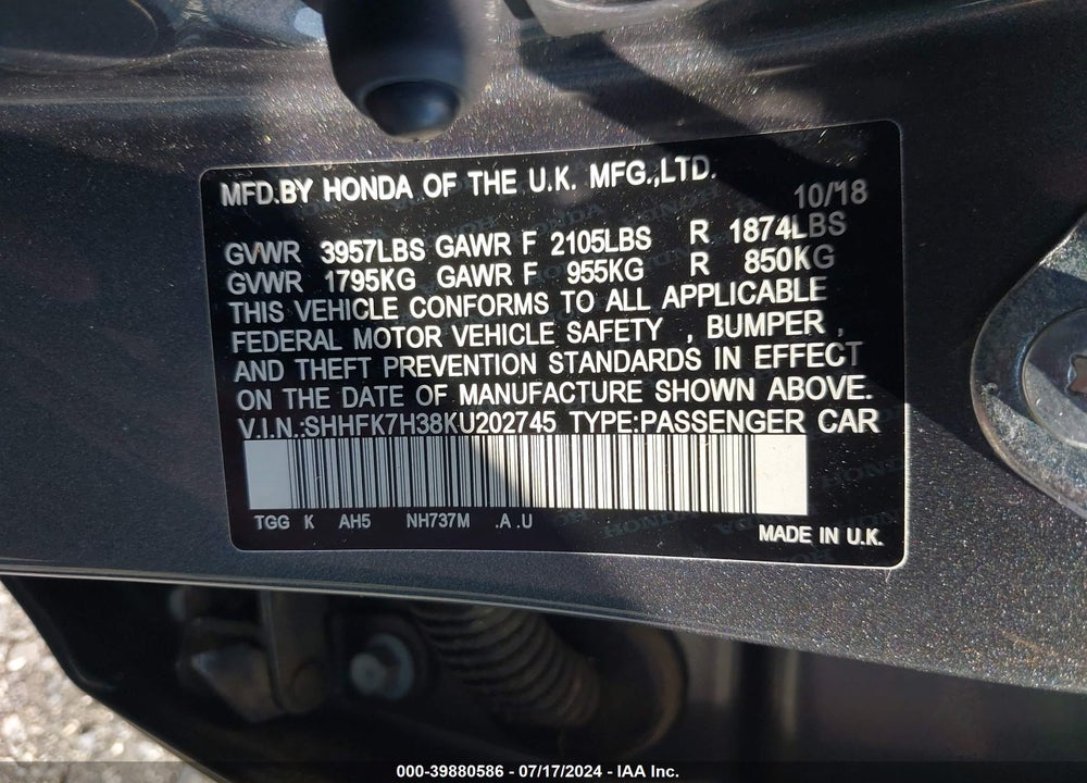 2019 HONDA CIVIC LX VIN: SHHFK7H38KU202745