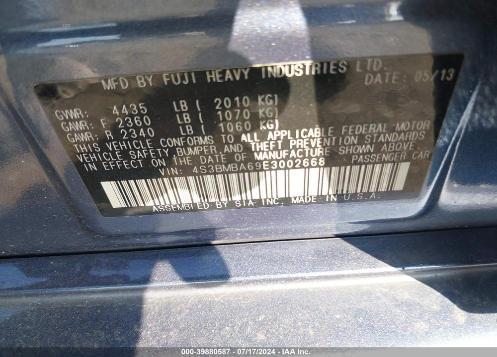 2014 SUBARU LEGACY VIN: 4S3BMBA69E3002668