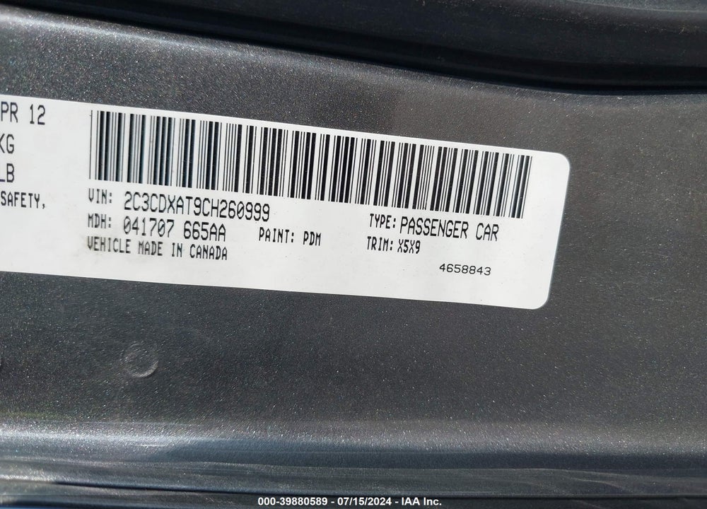 2012 DODGE CHARGER VIN: 2C3CDXAT9CH260999