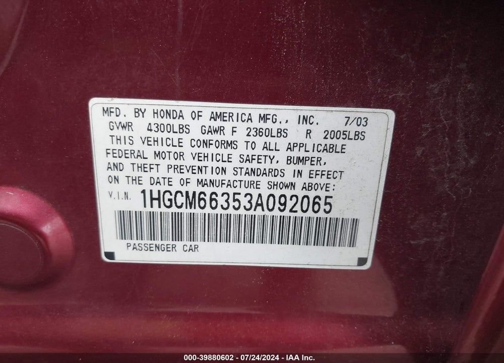2003 HONDA ACCORD 3.0 LX VIN: 1HGCM66353A092065