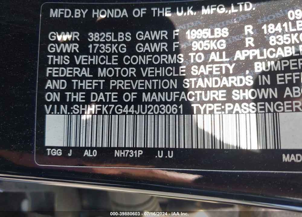 2018 HONDA CIVIC SPORT VIN: SHHFK7G44JU203061