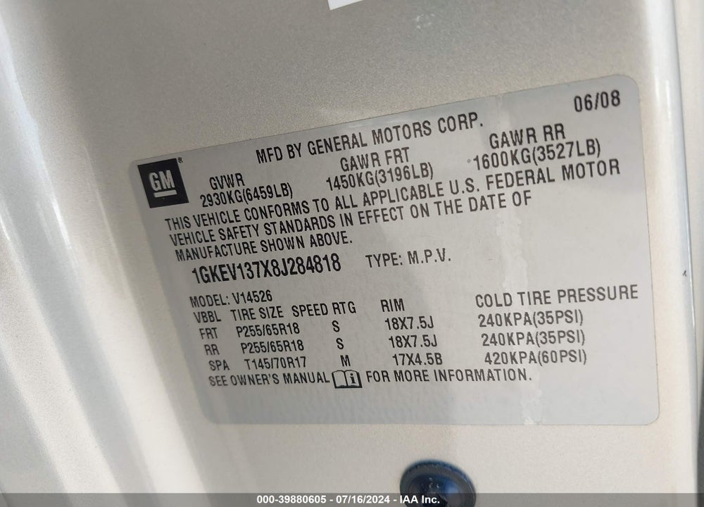 2008 GMC ACADIA SLE-1 VIN: 1GKEV137X8J284818