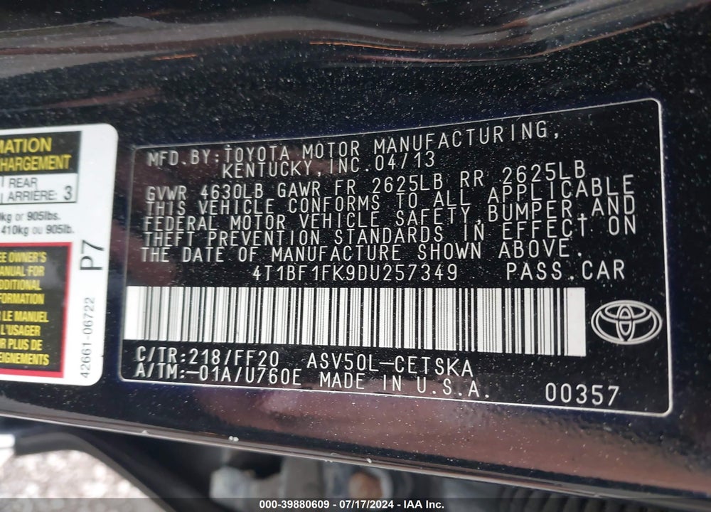 2013 TOYOTA CAMRY SE VIN: 4T1BF1FK9DU257349