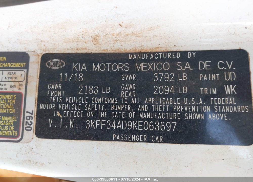 2019 KIA FORTE S VIN: 3KPF34AD9KE063697