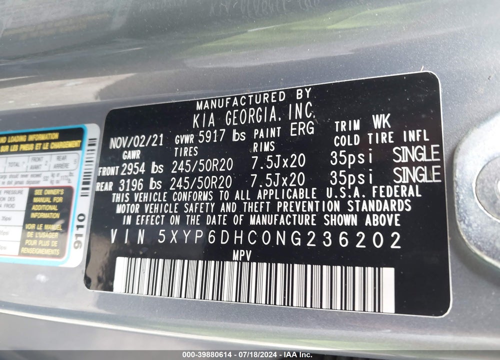 2022 KIA TELLURIDE VIN: 5XYP6DHC0NG236202