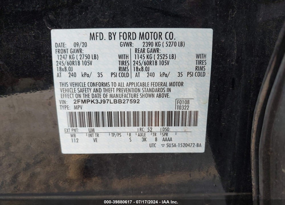 2020 FORD EDGE SEL VIN: 2FMPK3J97LBB27592