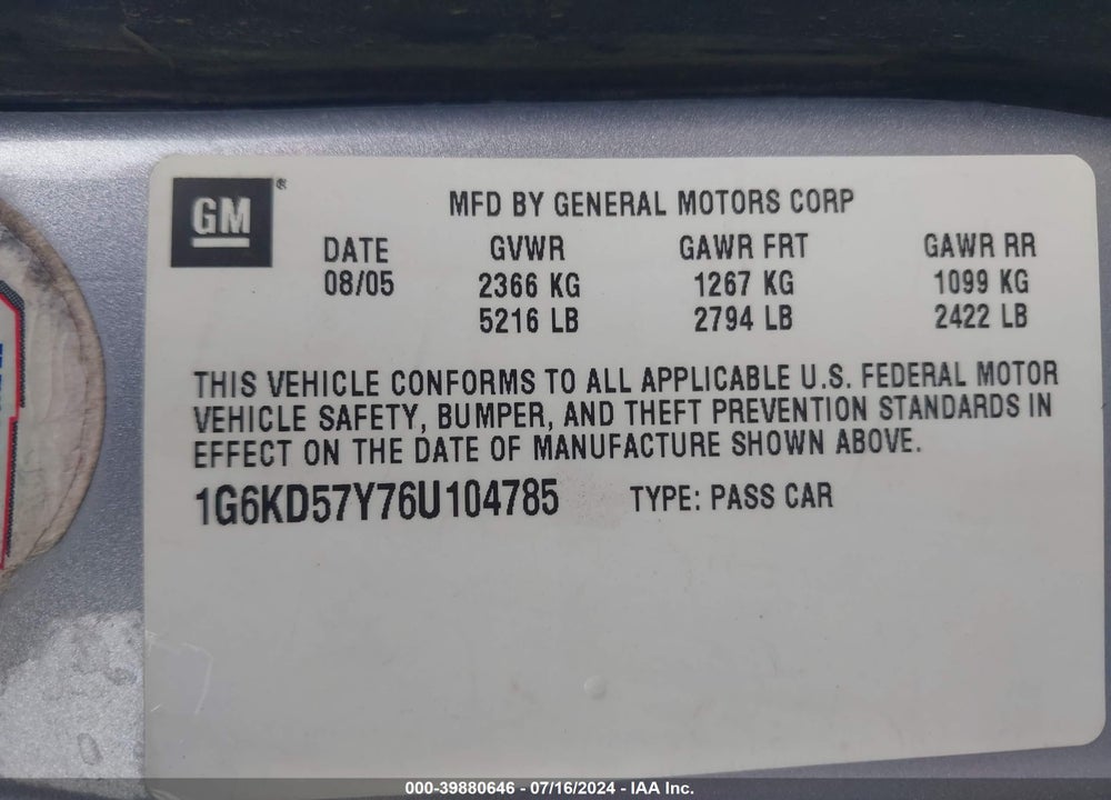 2006 CADILLAC DTS STANDARD VIN: 1G6KD57Y76U104785