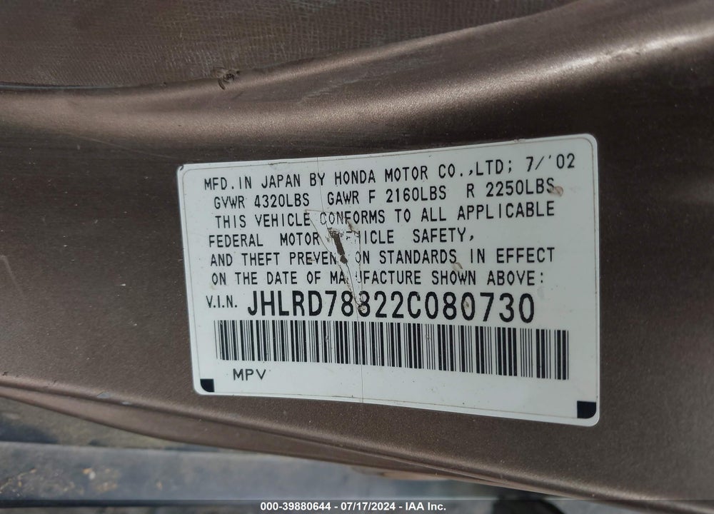 2002 HONDA CR-V EX VIN: JHLRD78822C080730