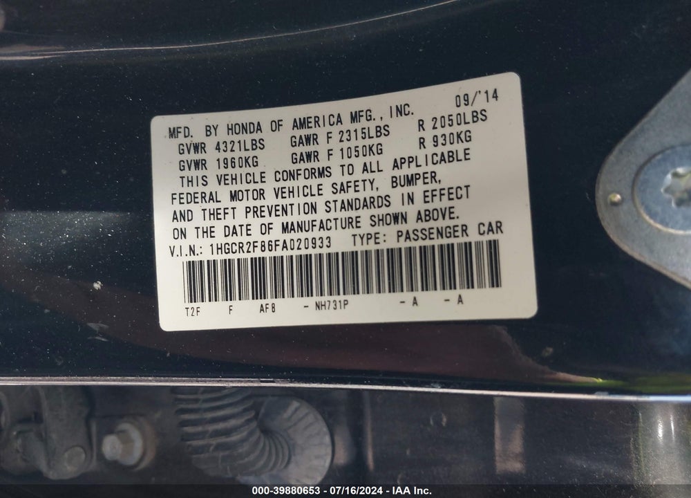 2015 HONDA ACCORD EX-L VIN: 1HGCR2F86FA020933