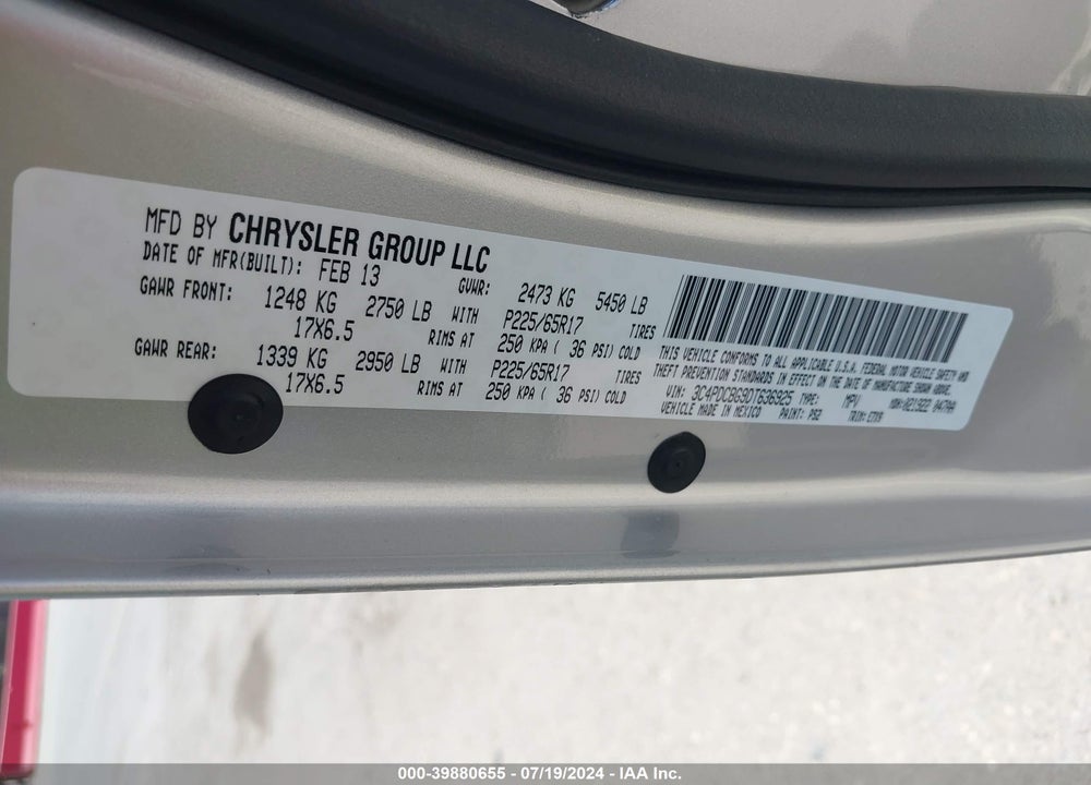2013 DODGE JOURNEY VIN: 3C4PDCBG9DT636925