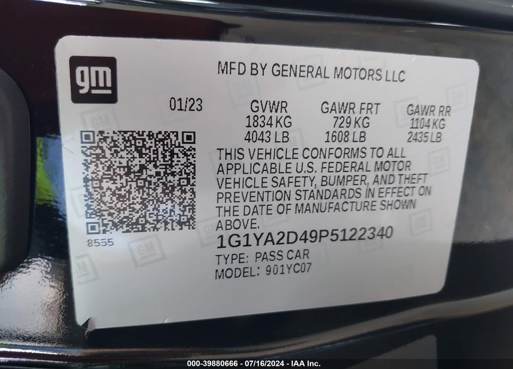 2023 CHEVROLET CORVETTE STINGRAY RWD 1LT VIN: 1G1YA2D49P5122340