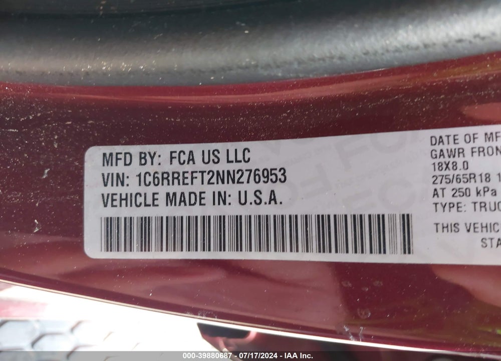 2022 RAM 1500 LONE STAR 4X2 5'7 BOX VIN: 1C6RREFT2NN276953