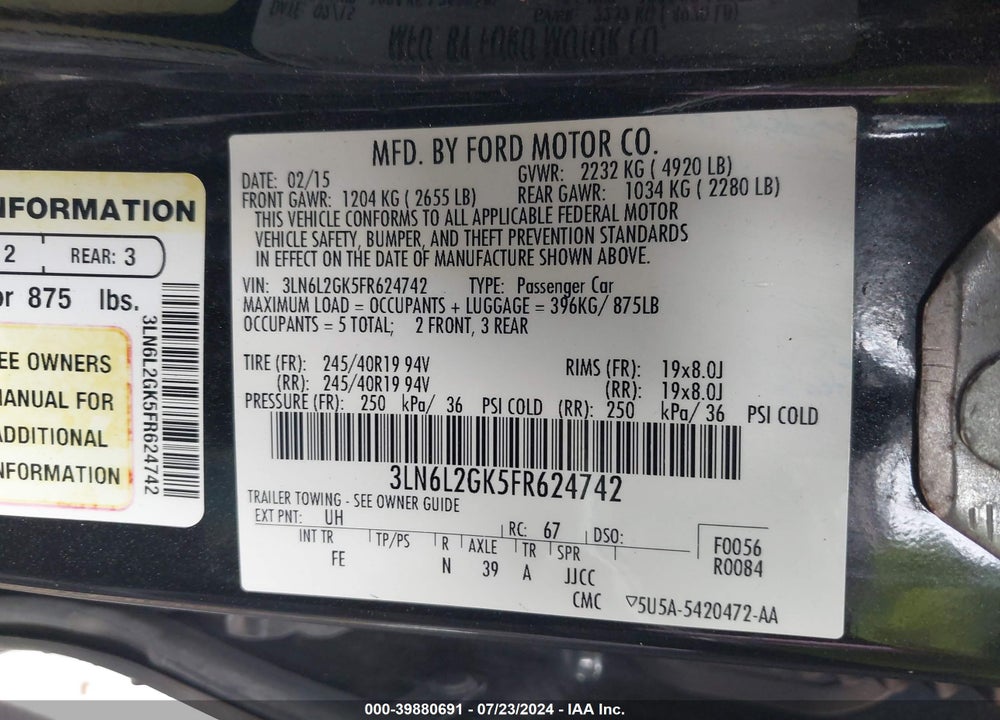 2015 LINCOLN MKZ VIN: 3LN6L2GK5FR624742