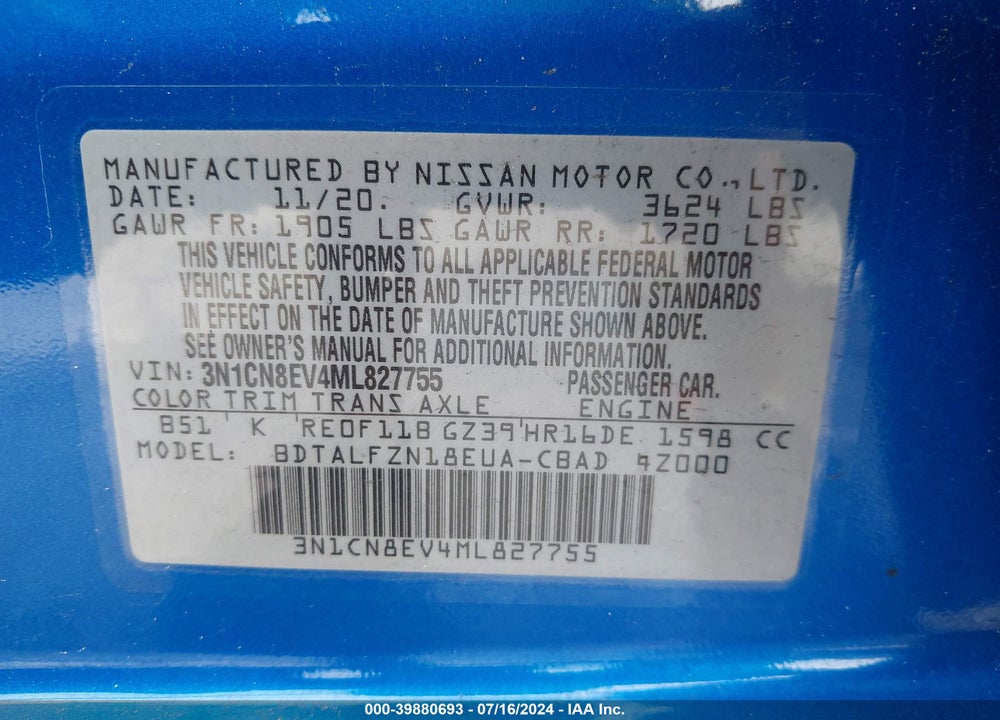 2021 NISSAN VERSA VIN: 3N1CN8EV4ML827755