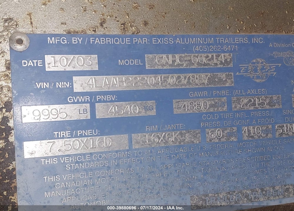 2004 EXXISS ALUMINUM TRAILERS --- VIN: 4LAAH222045027887