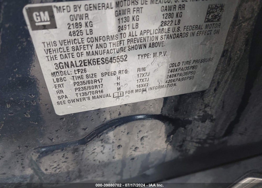 2014 CHEVROLET CAPTIVA SPORT 2LS VIN: 3GNAL2EK6ES645552