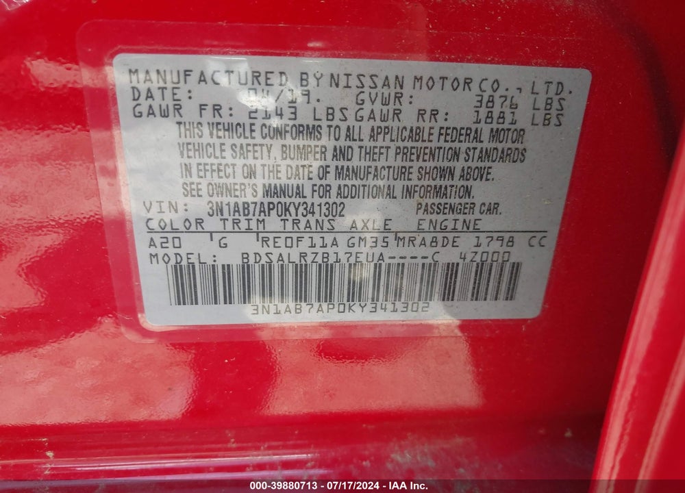 2019 NISSAN SENTRA SR VIN: 3N1AB7AP0KY341302
