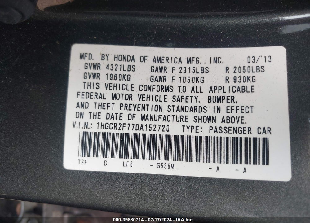 2013 HONDA ACCORD EX VIN: 1HGCR2F77DA152720