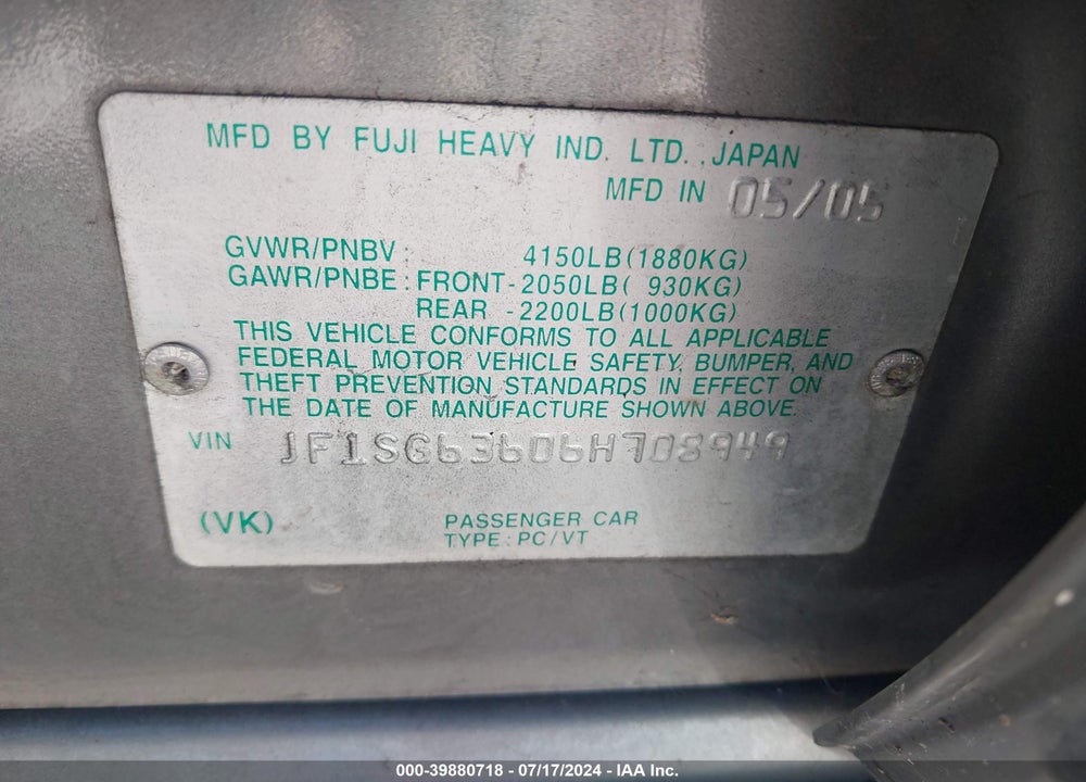 2006 SUBARU FORESTER 2.5X VIN: JF1SG63606H708949