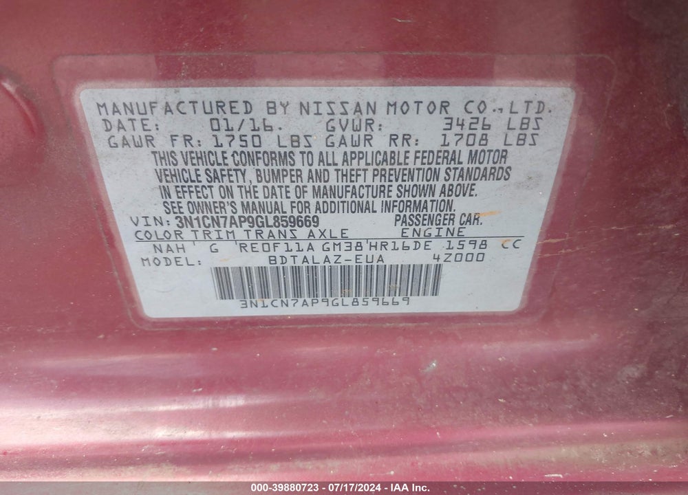 2016 NISSAN VERSA 1.6 S+ VIN: 3N1CN7AP9GL859669