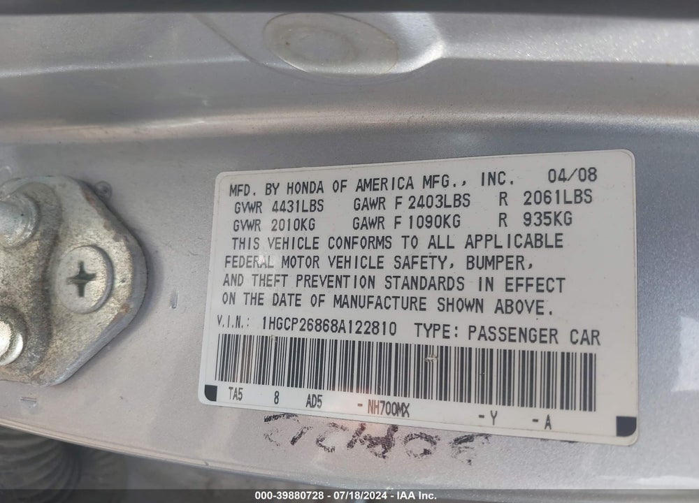 2008 HONDA ACCORD 2.4 EX-L VIN: 1HGCP26868A122810