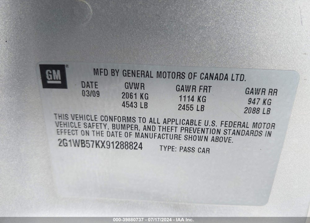 2009 CHEVROLET IMPALA LS VIN: 2G1WB57KX91288824