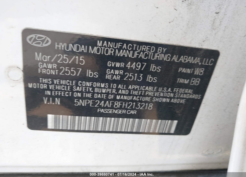 2015 HYUNDAI SONATA SE VIN: 5NPE24AF8FH213218