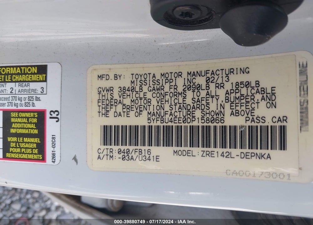 2013 TOYOTA COROLLA LE VIN: 5YFBU4EE0DP158066