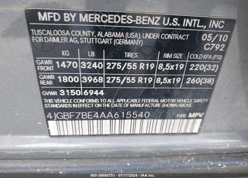 2010 MERCEDES-BENZ GL 450 4MATIC VIN: 4JGBF7BE4AA615540