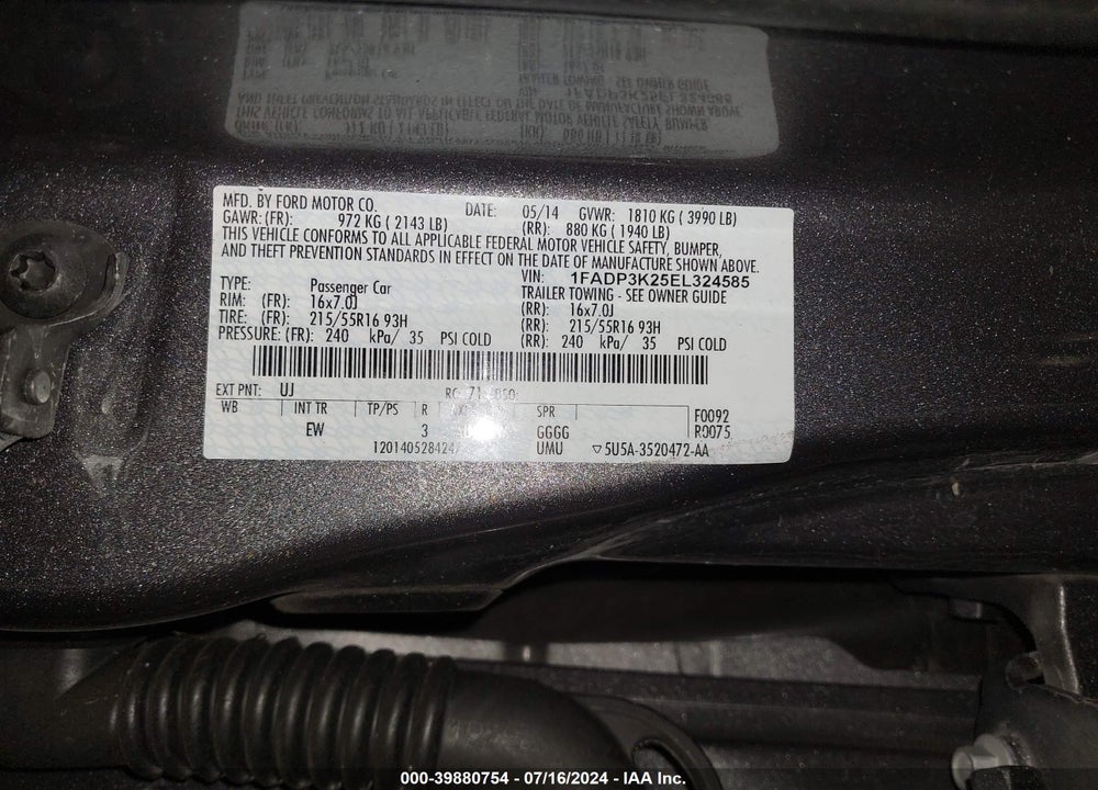 2014 FORD FOCUS SE VIN: 1FADP3K25EL324585
