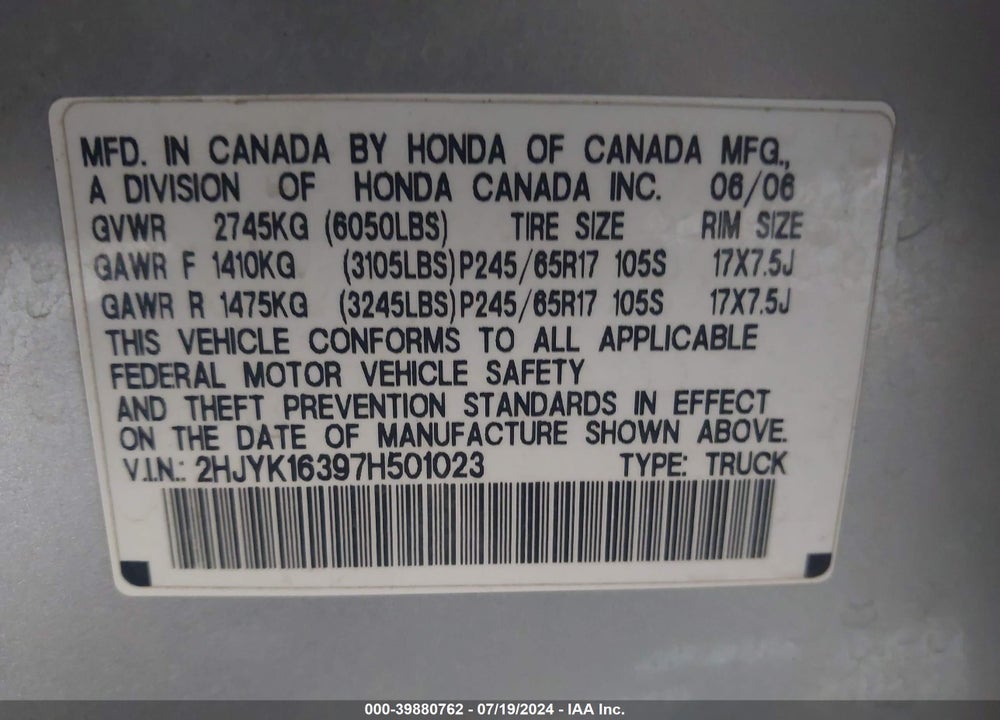 2007 HONDA RIDGELINE RTX VIN: 2HJYK16397H501023