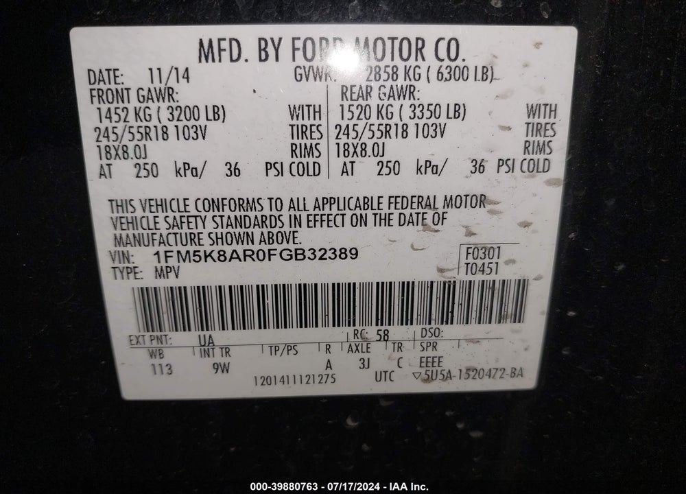 2015 FORD UTILITY POLICE INTERCEPTOR VIN: 1FM5K8AR0FGB32389