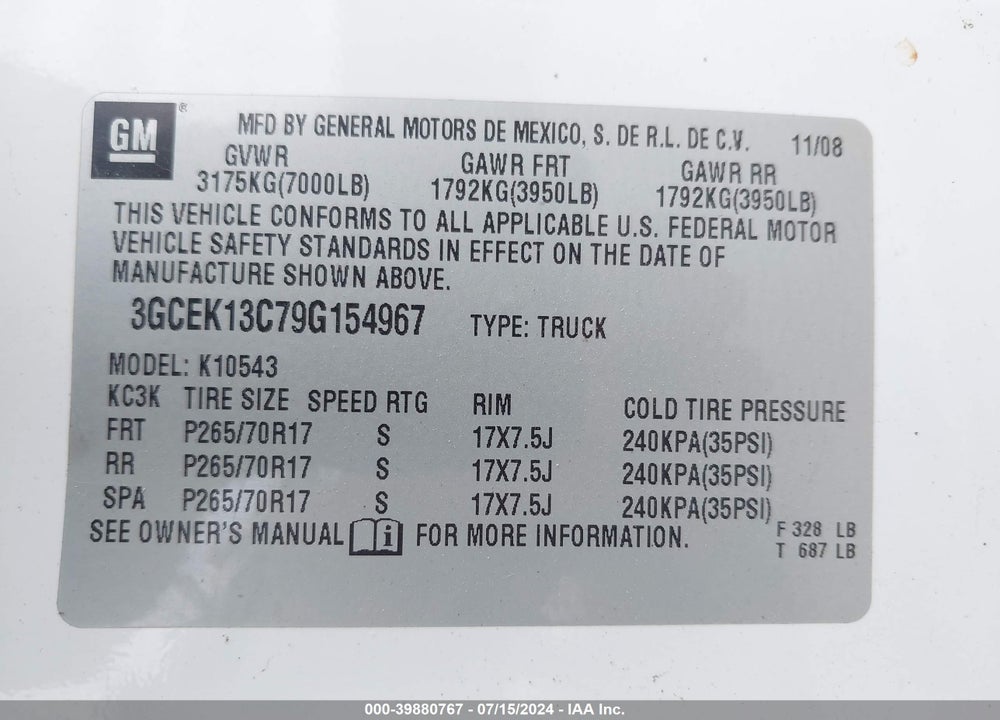 2009 CHEVROLET SILVERADO 1500 LS VIN: 3GCEK13C79G154967