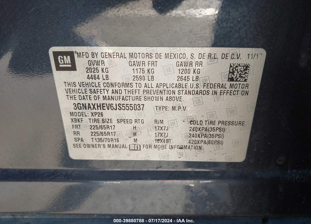 2018 CHEVROLET EQUINOX LS VIN: 3GNAXHEV6JS555037