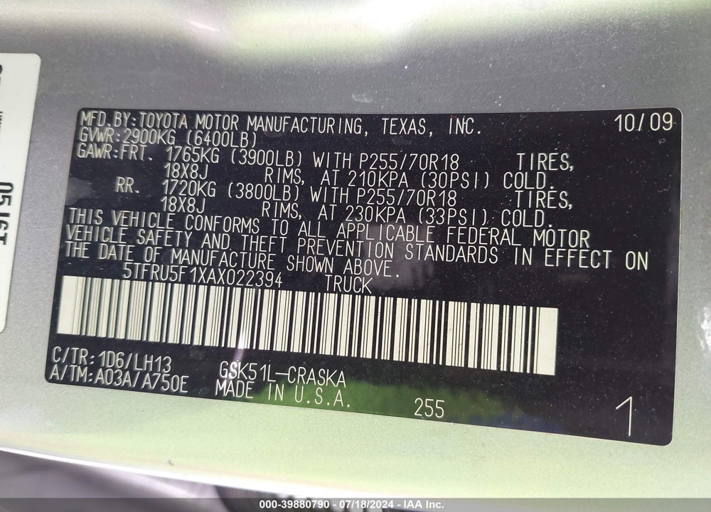 2010 TOYOTA TUNDRA GRADE V6 VIN: 5TFRU5F1XAX022394