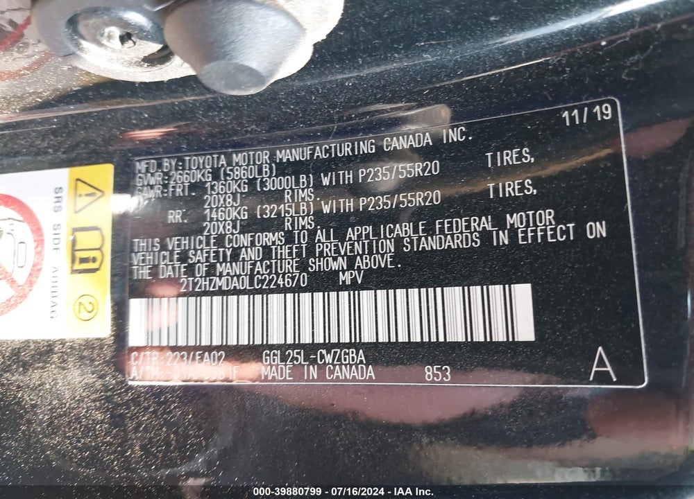 2020 LEXUS RX 350 VIN: 2T2HZMDA0LC224670