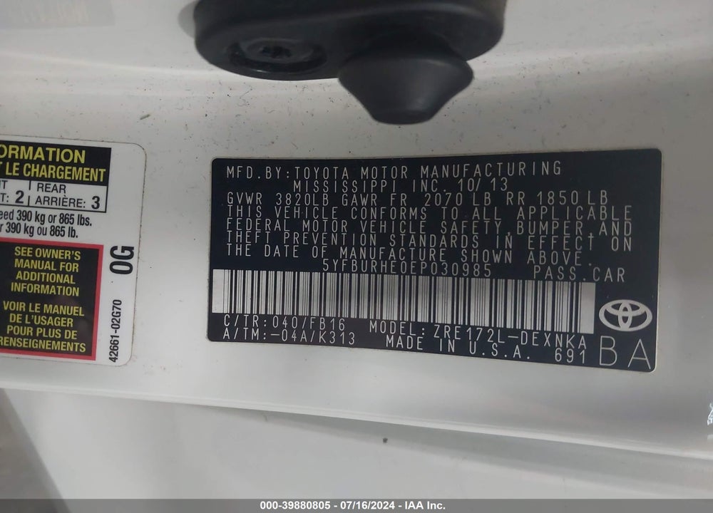 2014 TOYOTA COROLLA LE PLUS VIN: 5YFBURHE0EP030985