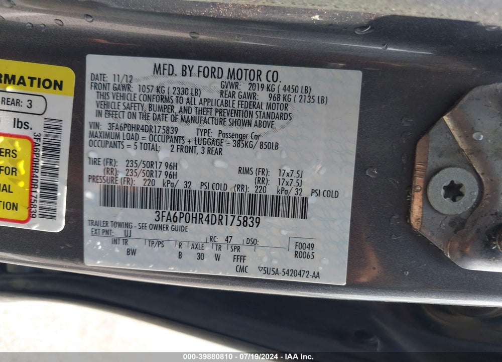 2013 FORD FUSION SE VIN: 3FA6P0HR4DR175839
