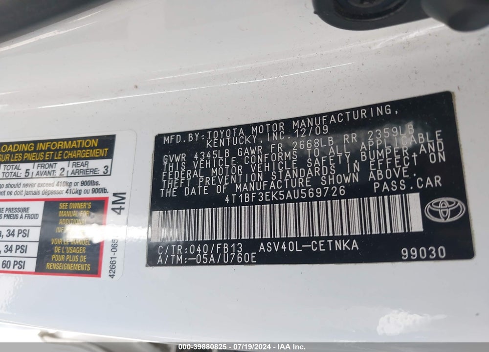 2010 TOYOTA CAMRY LE VIN: 4T1BF3EK5AU569726