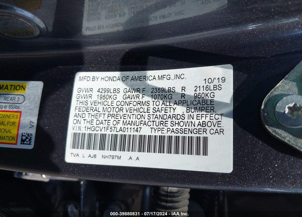 2020 HONDA ACCORD EX-L VIN: 1HGCV1F57LA011147