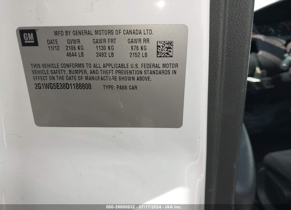 2013 CHEVROLET IMPALA VIN: 2G1WG5E38D1188808