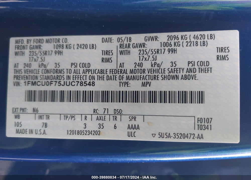 2018 FORD ESCAPE S VIN: 1FMCU0F75JUC78548