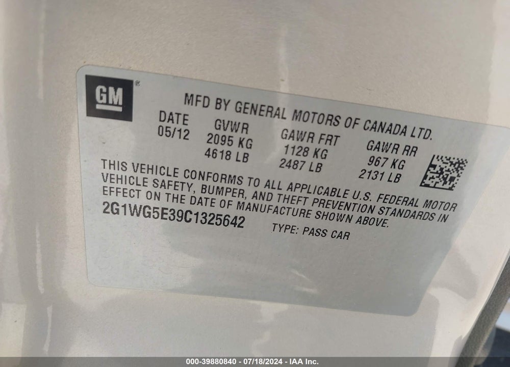 2012 CHEVROLET IMPALA LT VIN: 2G1WG5E39C1325642