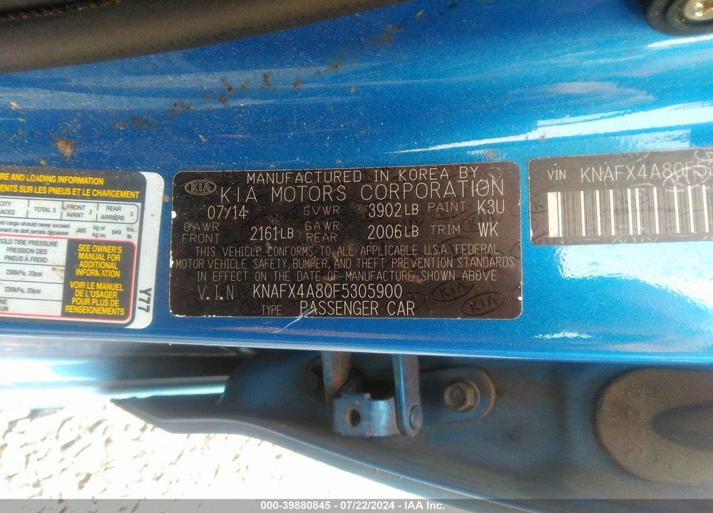 2015 KIA FORTE EX VIN: KNAFX4A80F5305900